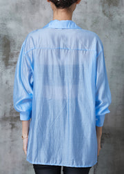 Fine Blue Asymmetrical Wrinkled Linen Blouse Top Summer