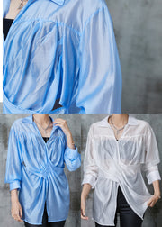 Fine Blue Asymmetrical Wrinkled Linen Blouse Top Summer