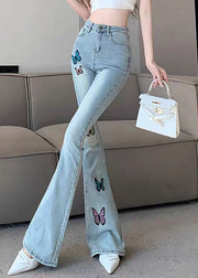 Fine Blue Butterfly Embroidered High Waist Flared Jeans Spring