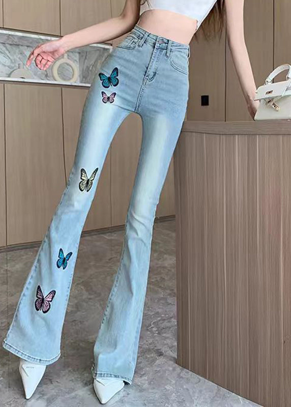 Fine Blue Butterfly Embroidered High Waist Flared Jeans Spring