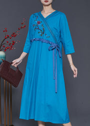 Fine Blue Embroidered Ruffled Linen Dress Summer