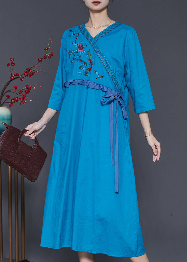 Fine Blue Embroidered Ruffled Linen Dress Summer