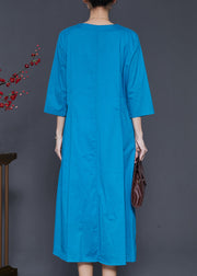 Fine Blue Embroidered Ruffled Linen Dress Summer