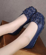 Fine Blue Flower Splicing Cowhide Leather Flat Shoes