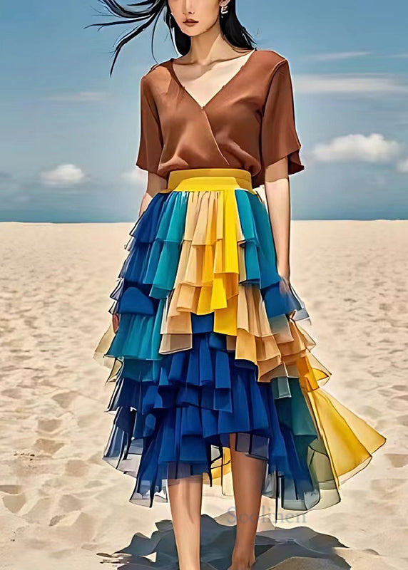 Fine Blue Layered Patchwork Tulle Chiffon Pleated Skirts Summer