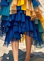 Fine Blue Layered Patchwork Tulle Chiffon Pleated Skirts Summer