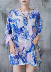 Fine Blue Oversized Print Chiffon UPF 50+ Top Fall