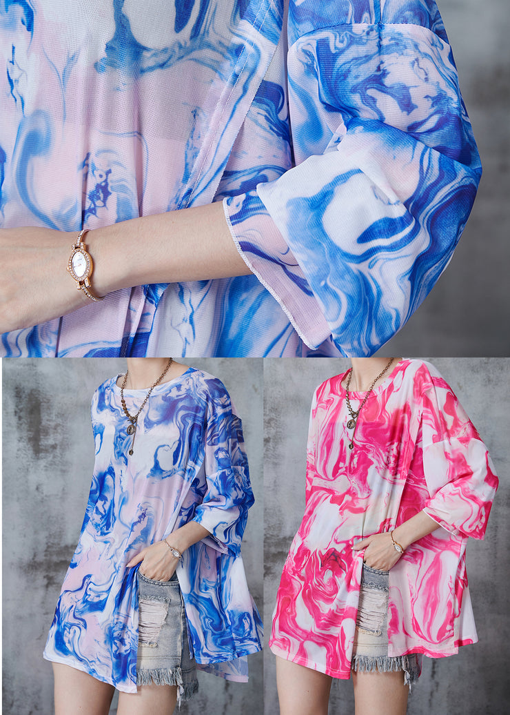 Fine Blue Oversized Print Chiffon UPF 50+ Top Fall