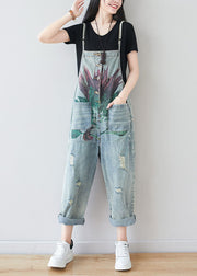 Fine Blue Patchwork Pockets Print Denim Jumpsuit Summer