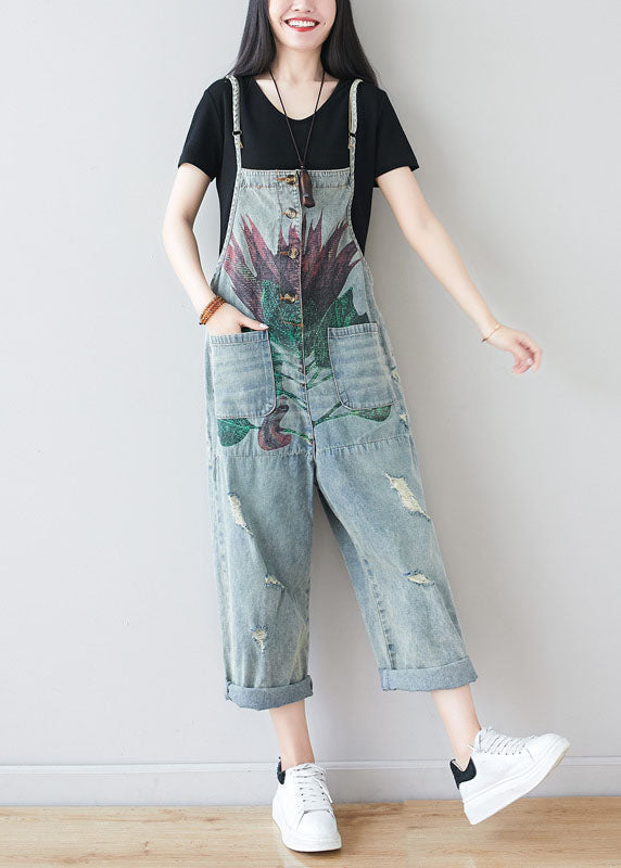 Fine Blue Patchwork Pockets Print Denim Jumpsuit Summer