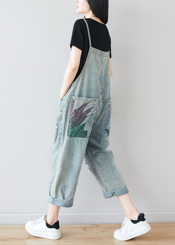 Fine Blue Patchwork Pockets Print Denim Jumpsuit Summer