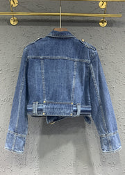 Fine Blue Peter Pan Collar Zip Up Patchwork Denim Jackets Fall