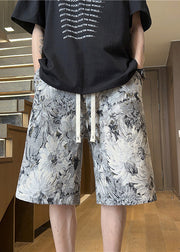 Fine Blue Pockets Print Elastic Waist Cotton Men Beach Shorts Summer