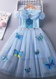 Fine Blue Sequins Wrinkled Patchwork Tulle Kids Girls Princess Dress Summer