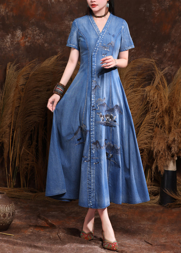 Fine Blue V Neck Embroidered Patchwork Vacation Maxi Denim Dresses Summer