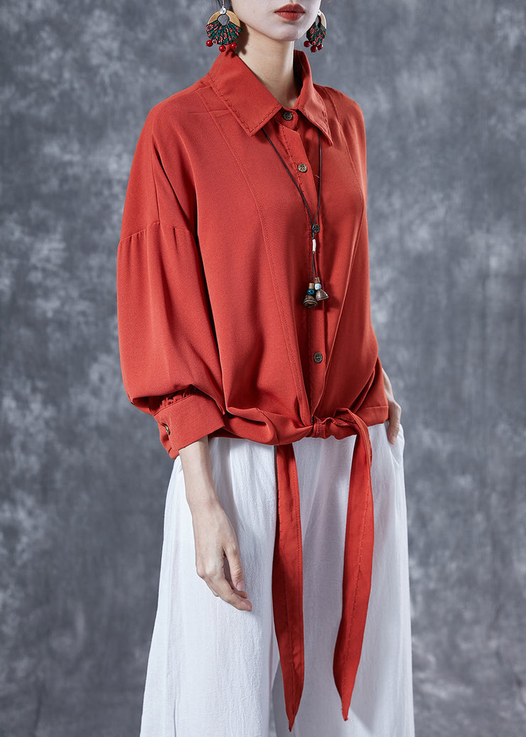 Fine Brick Red Oversized Patchwork Lace Up Chiffon Shirt Tops Spring