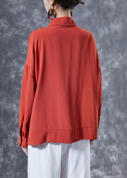 Fine Brick Red Oversized Patchwork Lace Up Chiffon Shirt Tops Spring