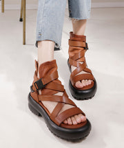 Fine Brown Cowhide Leather Buckle Strap Platform Peep Toe Sandals