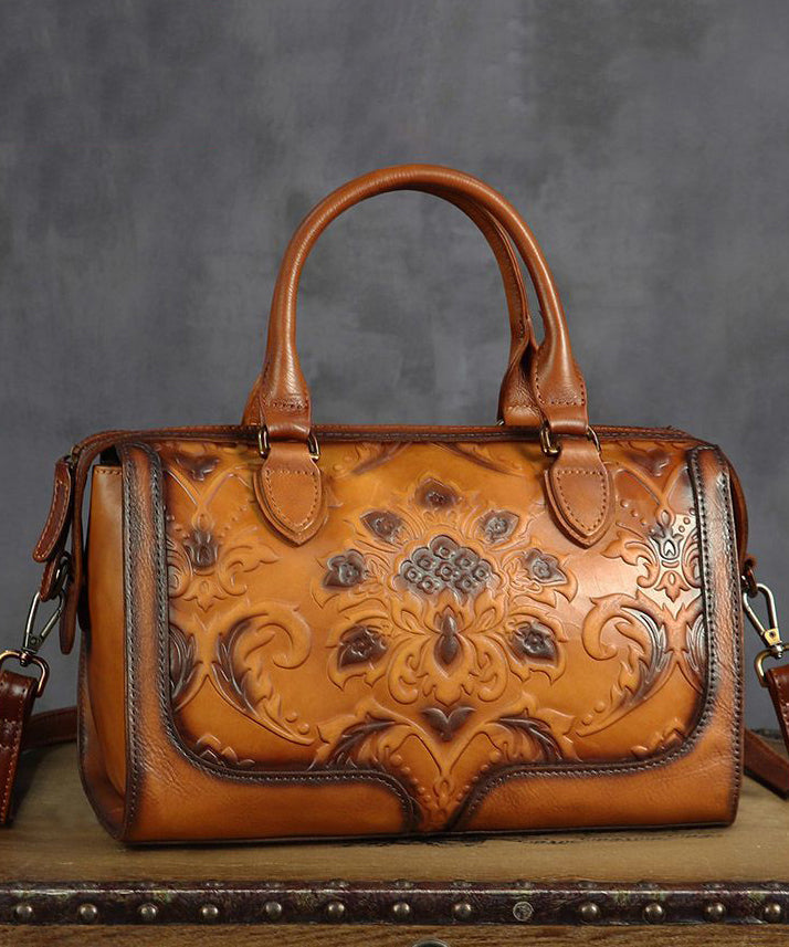 Fine Brown Embossed Large Capacity  Calf Leather Tote Handbag