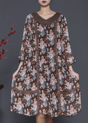 Fine Brown Print Patchwork Lace Cotton Vacation Dresses Spring