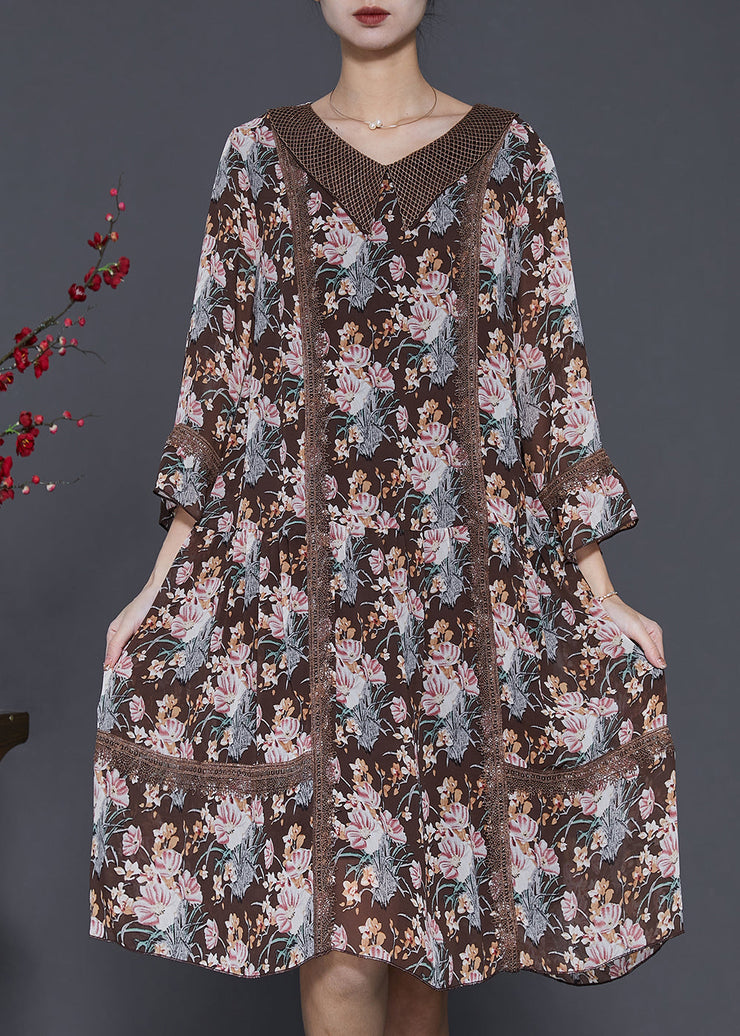 Fine Brown Print Patchwork Lace Cotton Vacation Dresses Spring