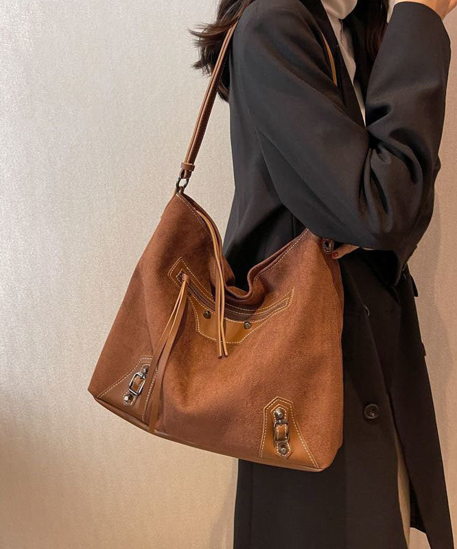 Fine Brown Rivet Patchwork Zip Up Faux Leather Satchel Handbag