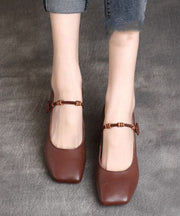 Fine Buckle Strap Splicing Chunky High Heels Brown Cowhide Leather