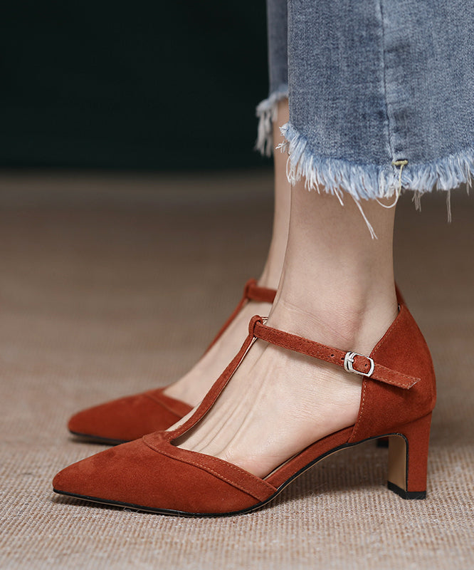 Fine Buckle Strap Splicing High Heel Red Suede Pointed Toe