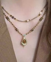 Fine Coffee Copper Crystal Tiger Eye Stone Pendant Necklace Two Piece Set