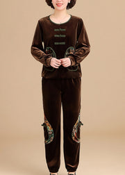 Fine Coffee O-Neck Patchwork Silk Velour Top And Beam Pants Two Pieces Set Long Sleeve