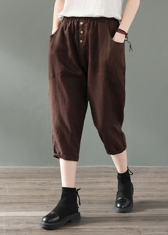 Fine Coffee Pockets Patchwork Linen Crop Pants Summer