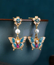 Fine Cyan Copper Overgild Acrylic Pearl Enamel Butterfly Drop Earrings