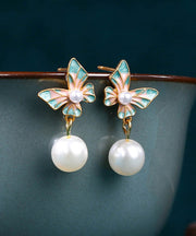 Fine Cyan Copper Overgild Acrylic Pearl Enamel Butterfly Drop Earrings