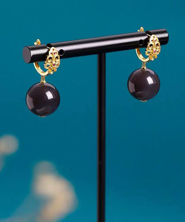 Fine Dark Purple Ancient Gold Inlaid Pearl Ball Drop Earrings