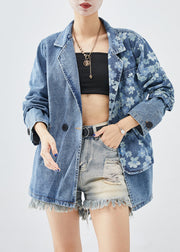 Fine Denim Blue Asymmetrical Print Cotton Coats Fall