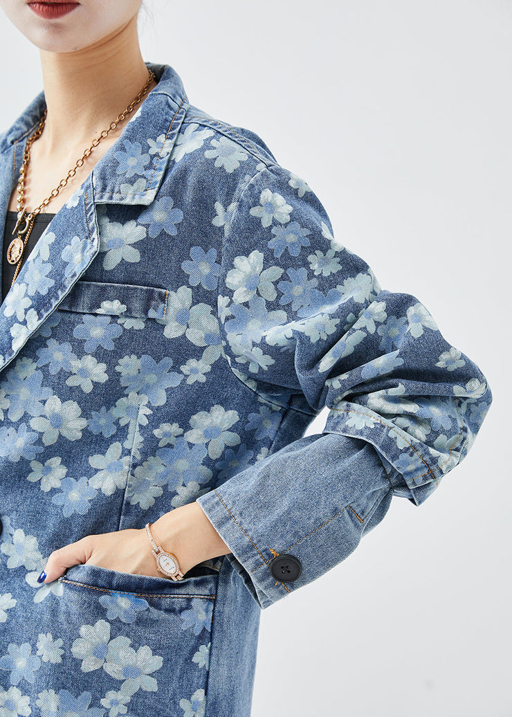 Fine Denim Blue Asymmetrical Print Cotton Coats Fall