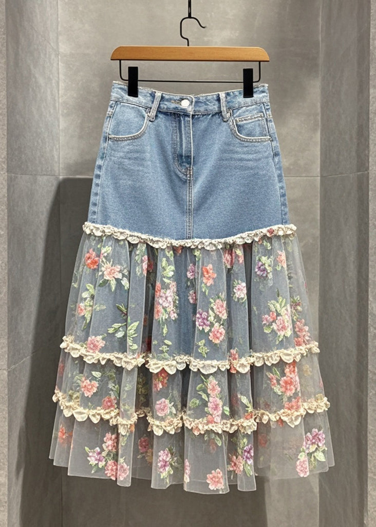 Fine Denim Blue Patchwork Tulle Print Holiday Skirts Fall