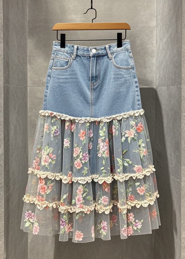 Fine Denim Blue Patchwork Tulle Print Holiday Skirts Fall