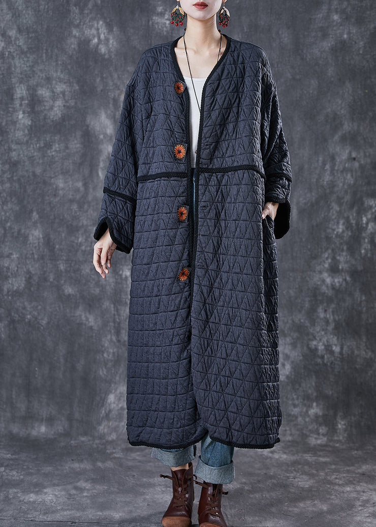 Fine Dull Grey Embroidered Oversized Fine Cotton Filled Coat Winter