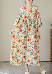 Fine Floral V Neck Wrinkled Patchwork Cotton Long Dresses Summer