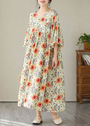 Fine Floral V Neck Wrinkled Patchwork Cotton Long Dresses Summer