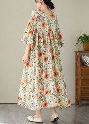 Fine Floral V Neck Wrinkled Patchwork Cotton Long Dresses Summer