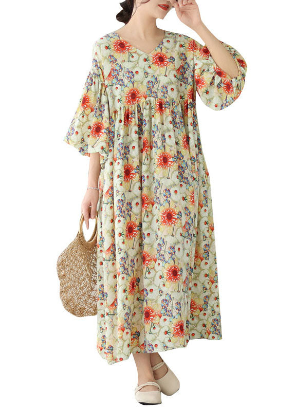 Fine Floral V Neck Wrinkled Patchwork Cotton Long Dresses Summer