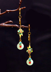 Fine Flower Paintings Fu Character Jade Drop Earrings