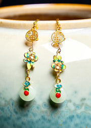 Fine Flower Paintings Fu Character Jade Drop Earrings