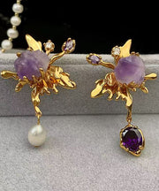 Fine Gold Copper Overgild Zircon Pearl Crystal Asymmetrical Butterfly Drop Earrings