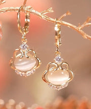 Fine Gold Copper Zircon Cat's Eye Stone Ruyi Lock Drop Earrings