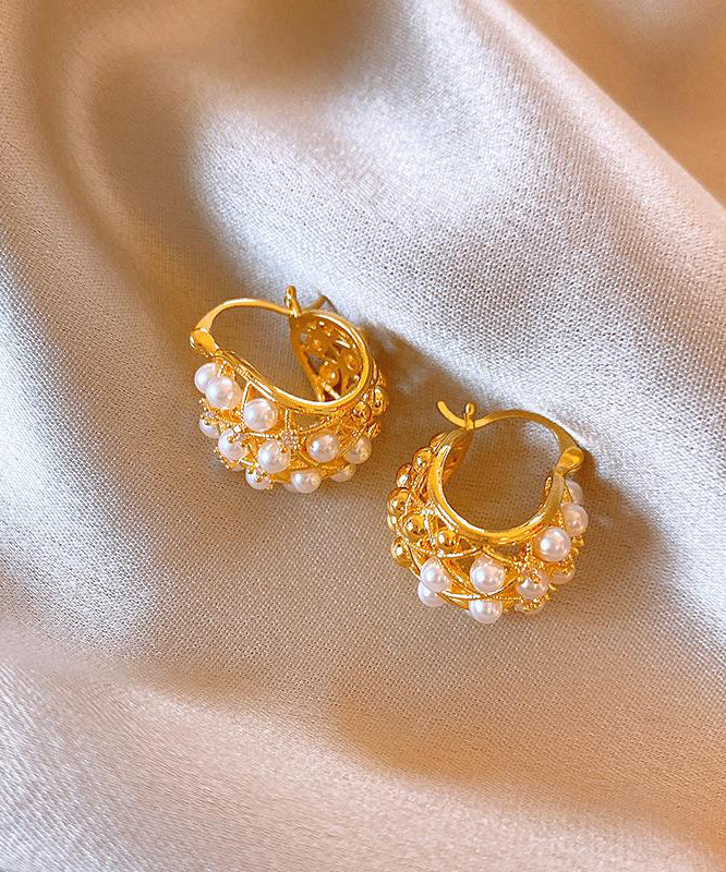 Fine Gold Metal Overgild Pearl Hollow Out Hoop Earrings