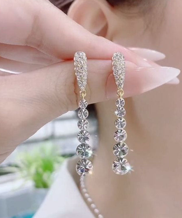 Fine Gold Sterling Silver Alloy Zircon Water Drop Tassel Drop Earrings