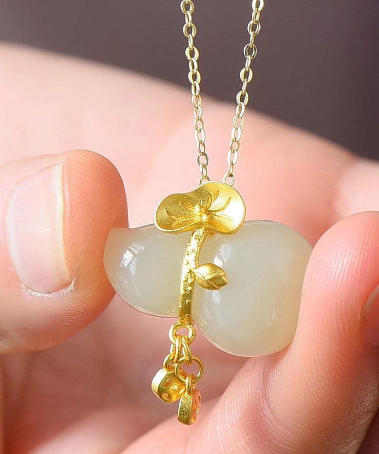 Fine Gold Sterling Silver Overgild Jade Gourd Pendant Necklace